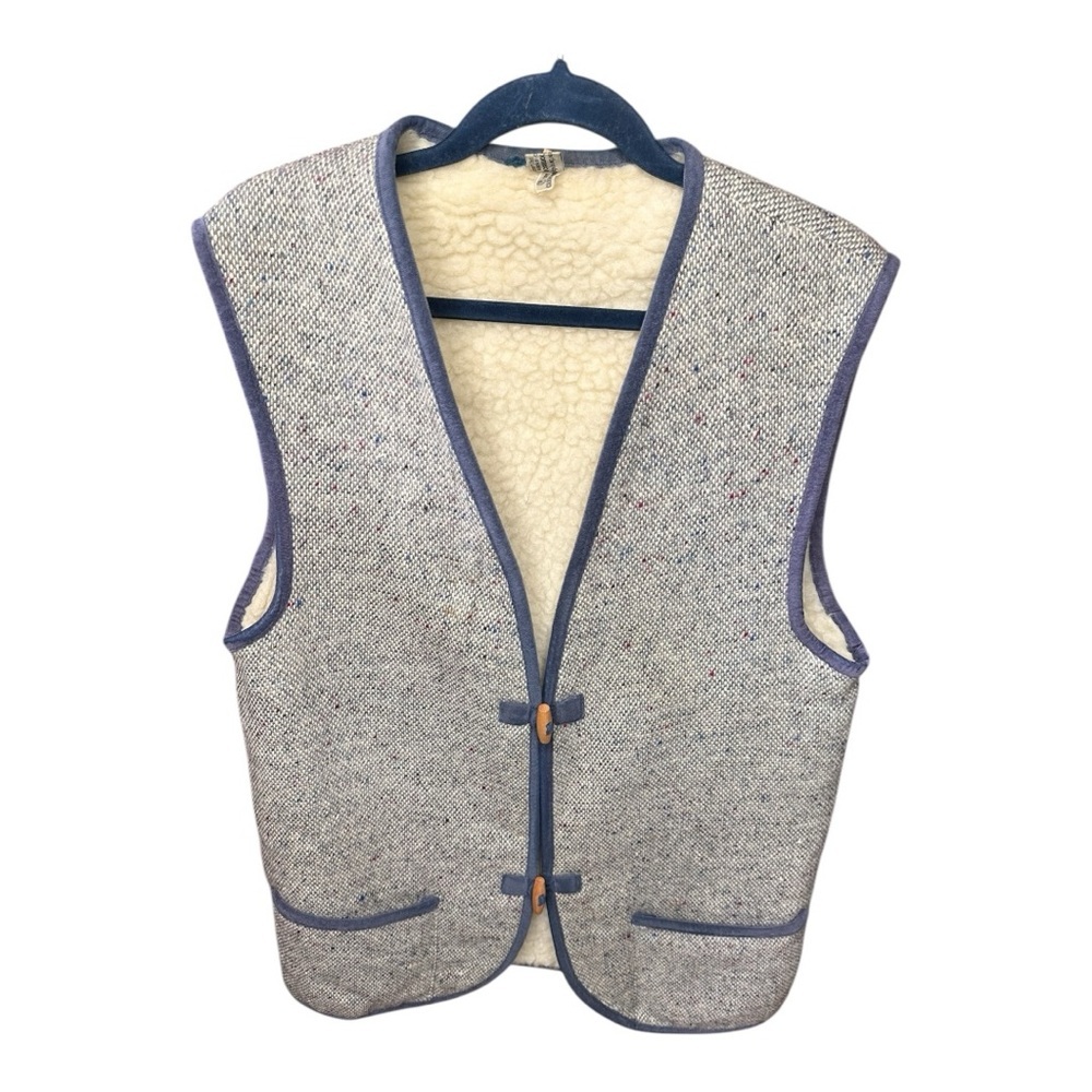 Vintage Irish Tweed Grey, Blue,Cream Vest With Wooden Toggles. Made In Ireland